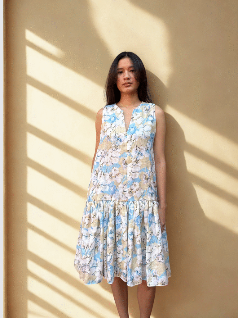 Loose fit sleeveless linen floral dress
